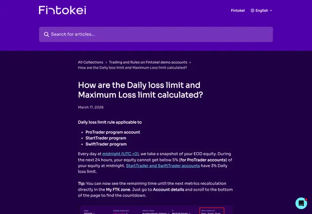 Fintokei · Regole della valutazione · support.fintokei.com/en/articles/6538826-how-are-the-daily-loss-limit-and-maximum-loss-limit-calculated